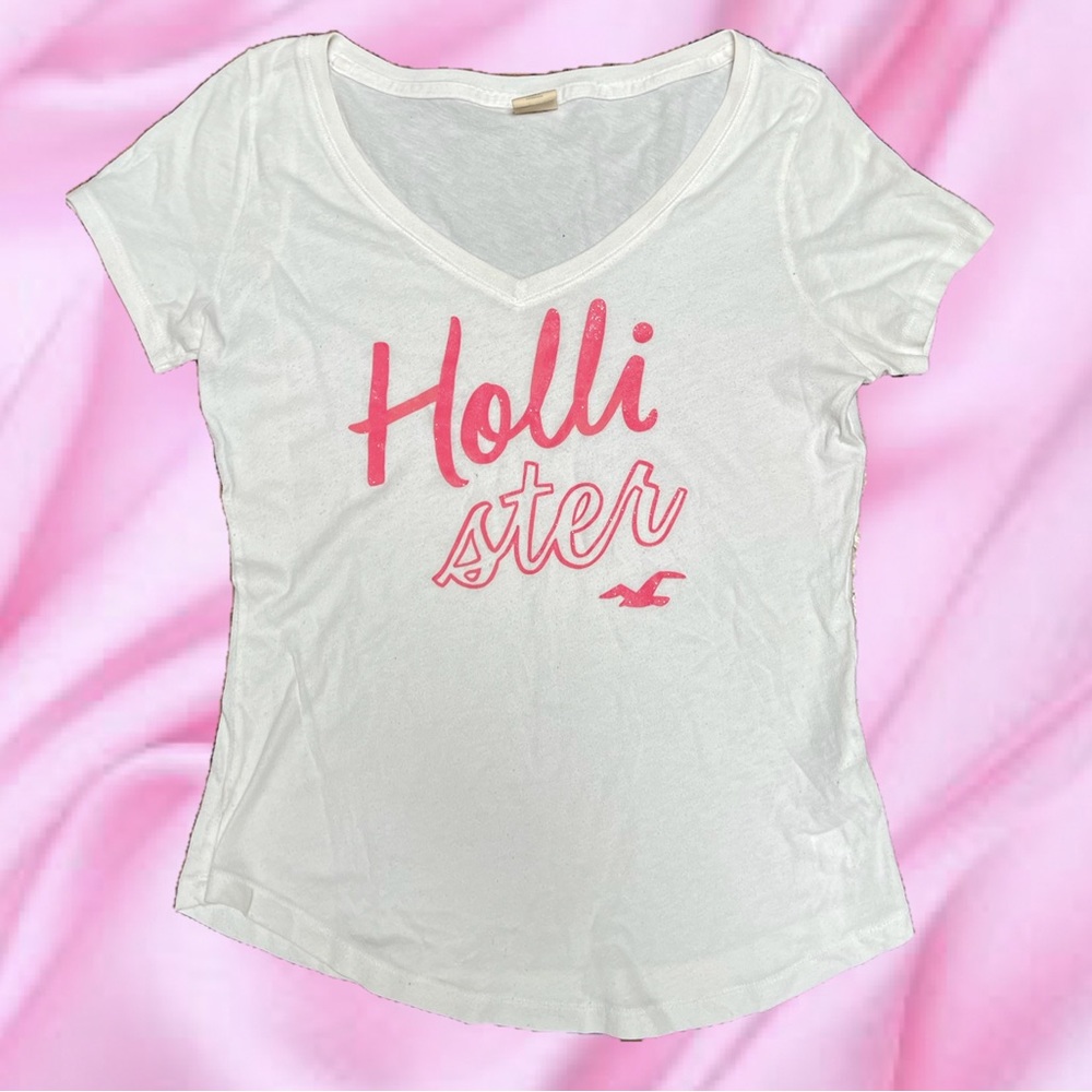 Hollister Co Women’s T Shirt White and Pink Logo Tee Size Medium Teen Juniors